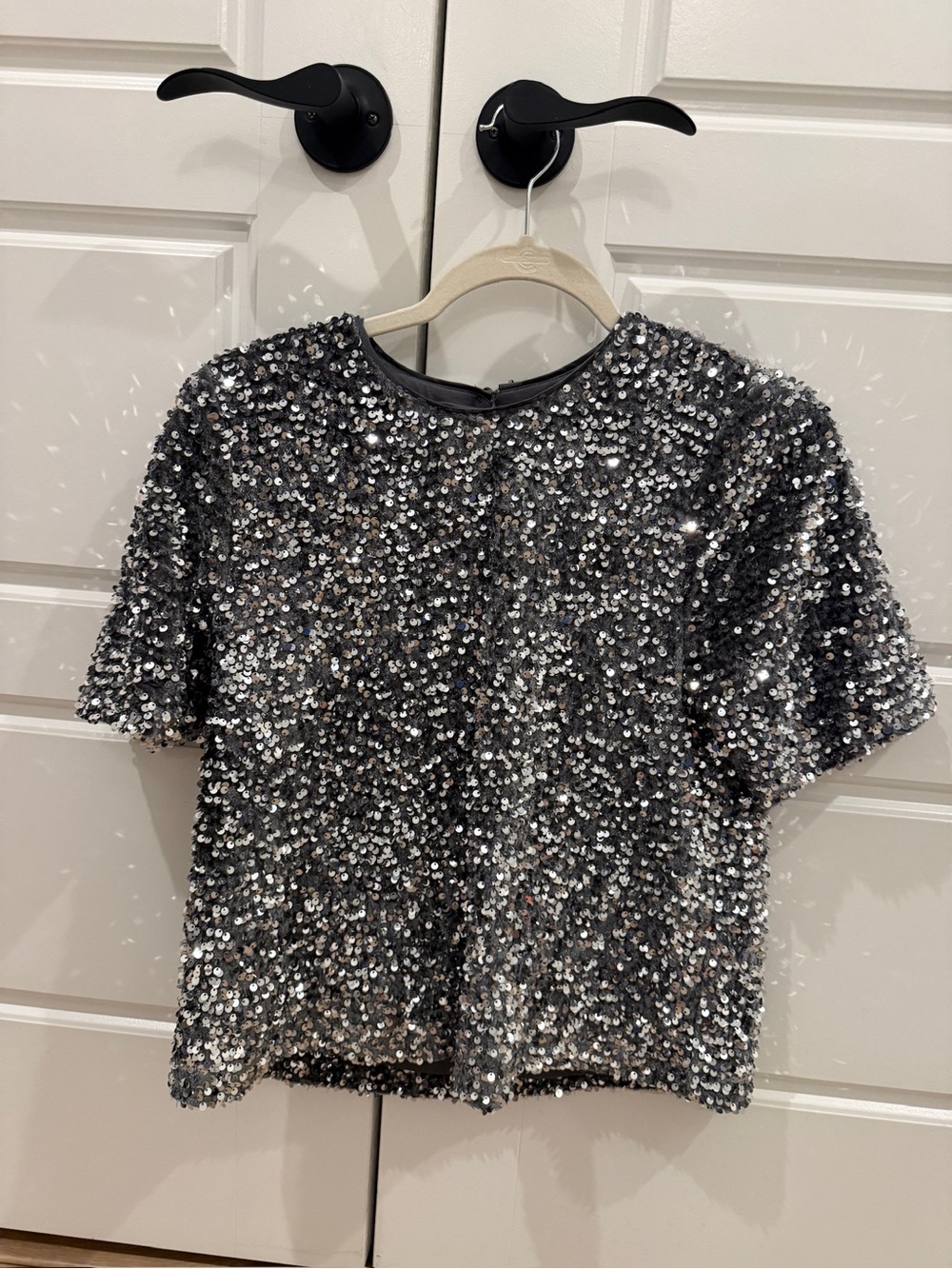 Alex Marie Silver Sequin Short Sleeve Shirt